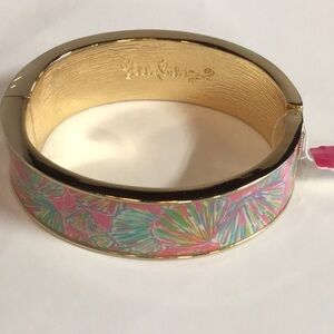 Lilly Pulitzer gold metallic Boca bangle in print pink pout shellebrate NWT